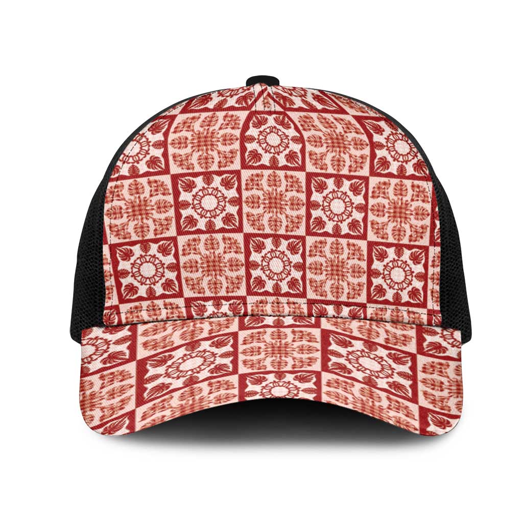 Ulaula Palaka Quilt Hawaii Mesh Trucker Cap Hawaiian Tropical Monstera Sea Turtle LT14 One Size Black Red - Polynesian Pride