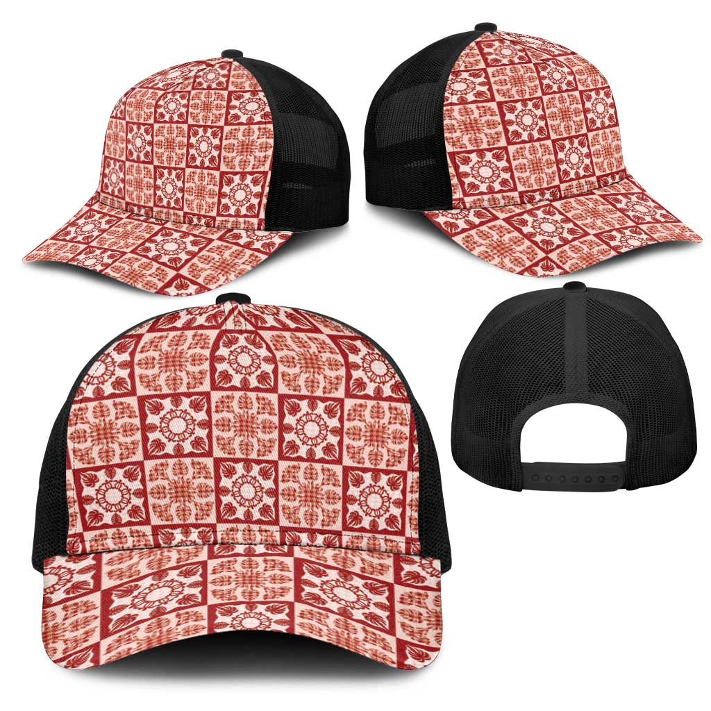 Ulaula Palaka Quilt Hawaii Mesh Trucker Cap Hawaiian Tropical Monstera Sea Turtle LT14 - Polynesian Pride
