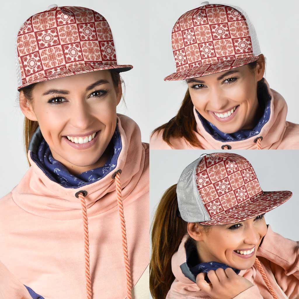 Ulaula Palaka Quilt Hawaii Mesh Trucker Cap Hawaiian Tropical Monstera Sea Turtle LT14 - Polynesian Pride