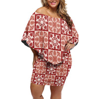 Ulaula Palaka Quilt Hawaii Off Shoulder Short Dress Hawaiian Tropical Monstera Sea Turtle LT14 Women Red - Polynesian Pride
