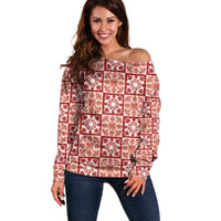 Ulaula Palaka Quilt Hawaii Off Shoulder Sweater Hawaiian Tropical Monstera Sea Turtle