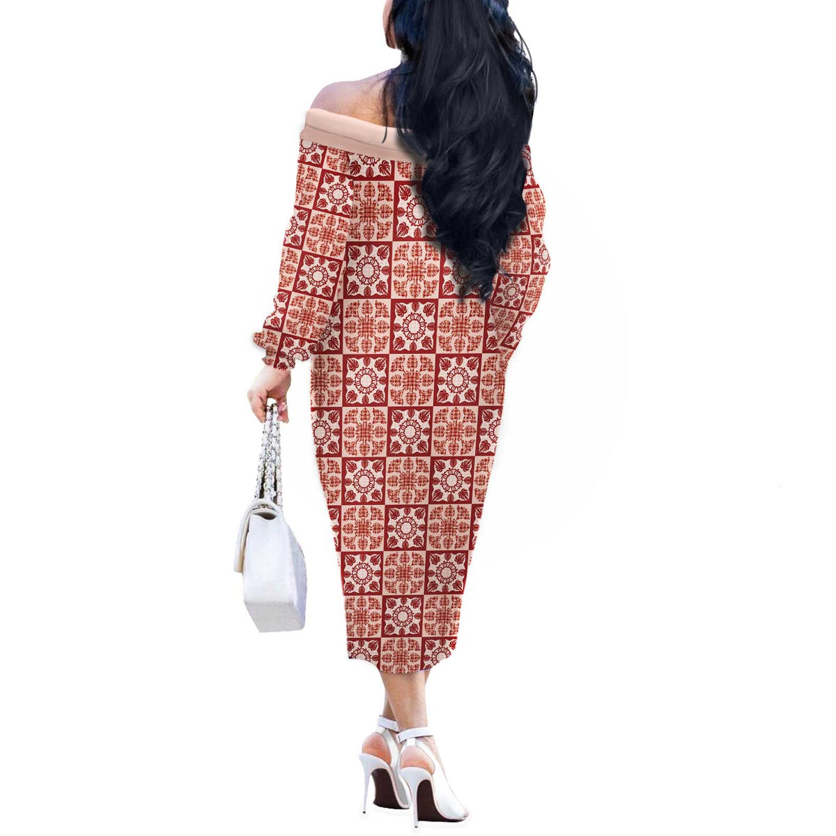 Ulaula Palaka Quilt Hawaii Off The Shoulder Long Sleeve Dress Hawaiian Tropical Monstera Sea Turtle