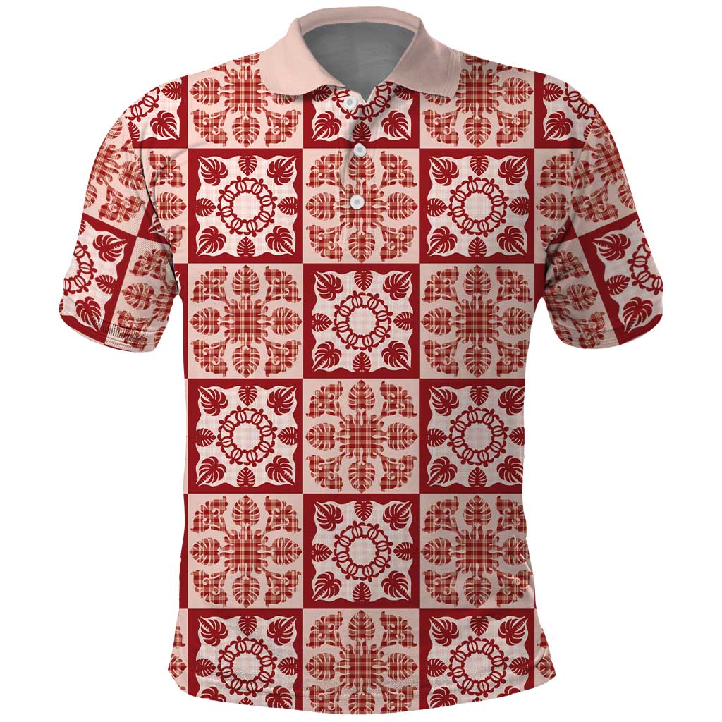 Ulaula Palaka Quilt Hawaii Polo Shirt Hawaiian Tropical Monstera Sea Turtle LT14 Red - Polynesian Pride