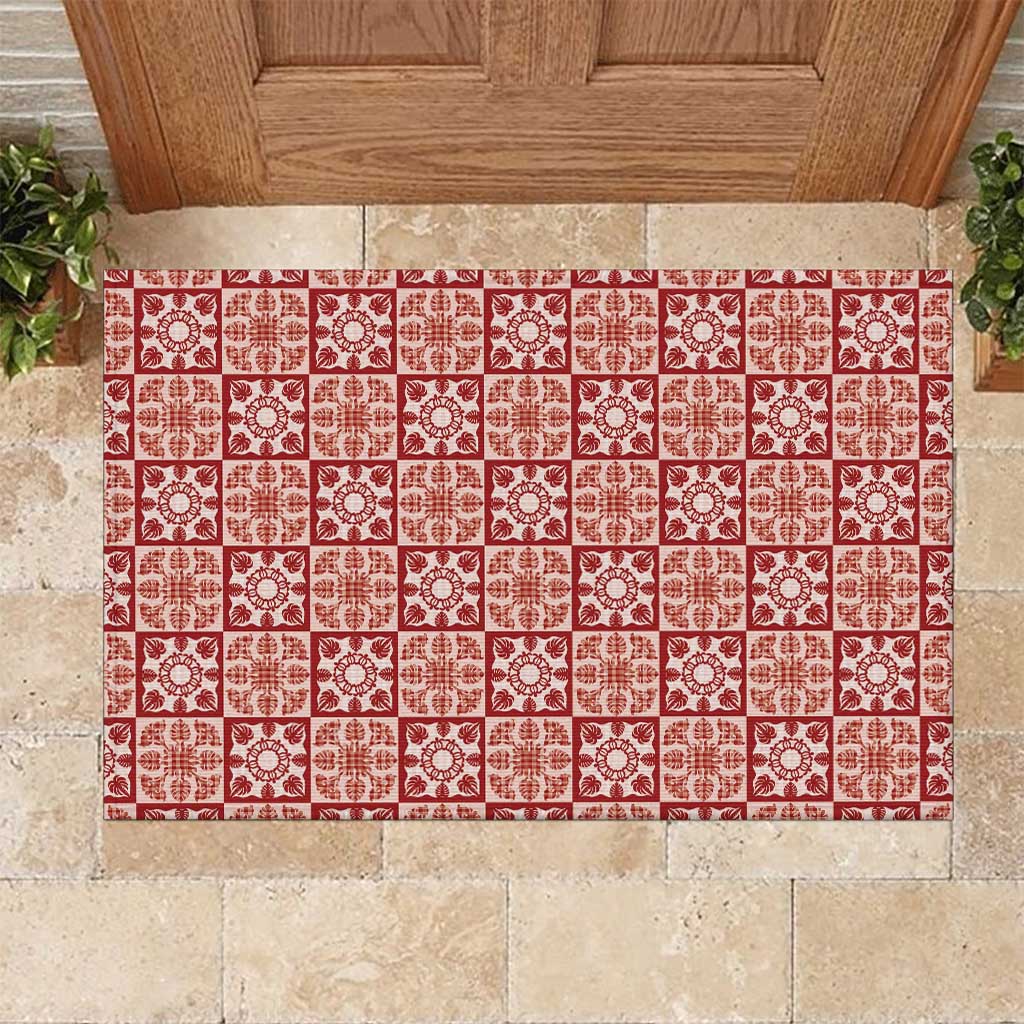 Ulaula Palaka Quilt Hawaii Rubber Doormat Hawaiian Tropical Monstera Sea Turtle