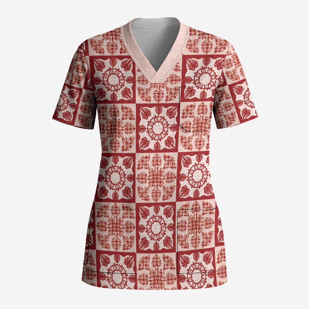 Ulaula Palaka Quilt Hawaii Scrub Top Hawaiian Tropical Monstera Sea Turtle LT14 Adult Red - Polynesian Pride