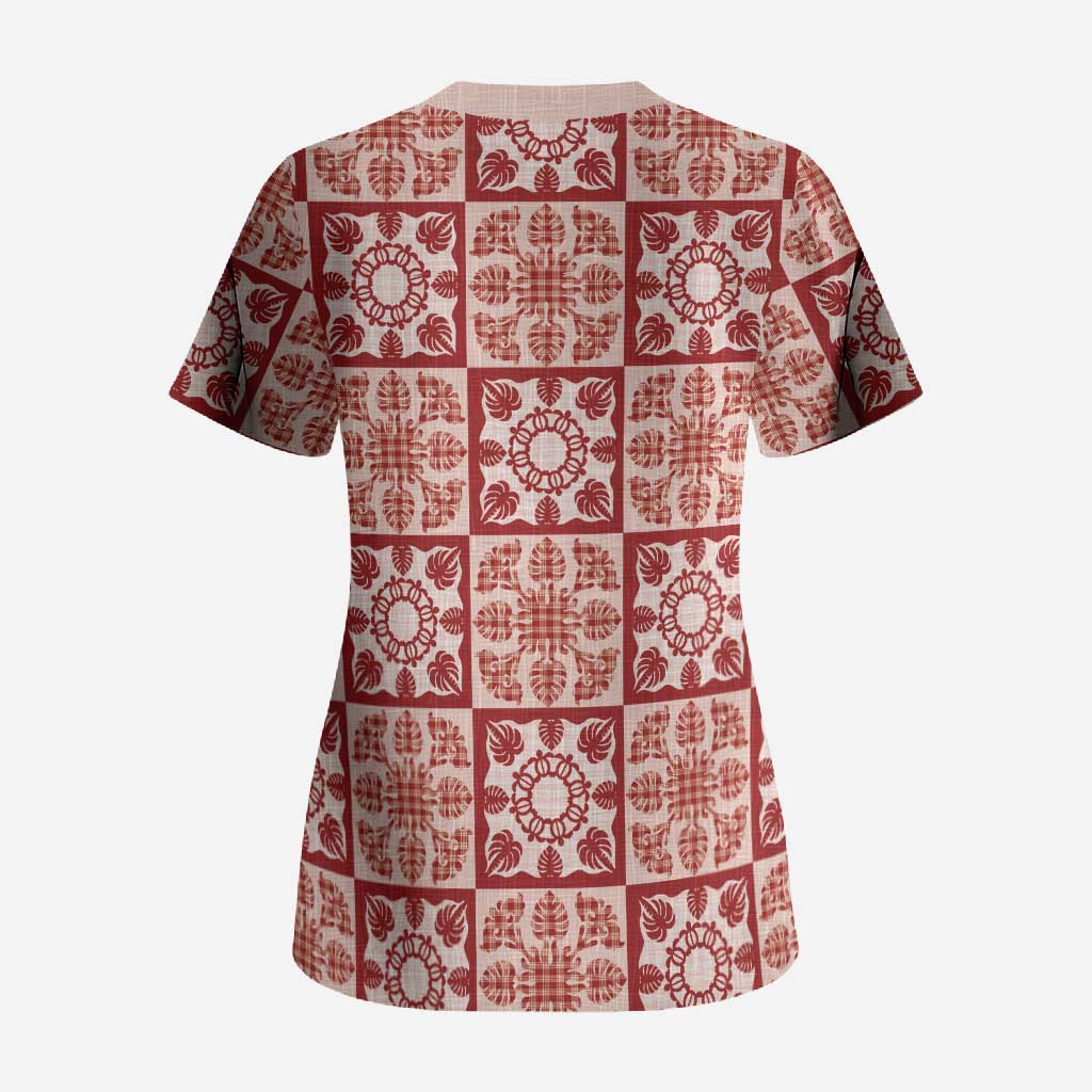 Ulaula Palaka Quilt Hawaii Scrub Top Hawaiian Tropical Monstera Sea Turtle LT14 - Polynesian Pride