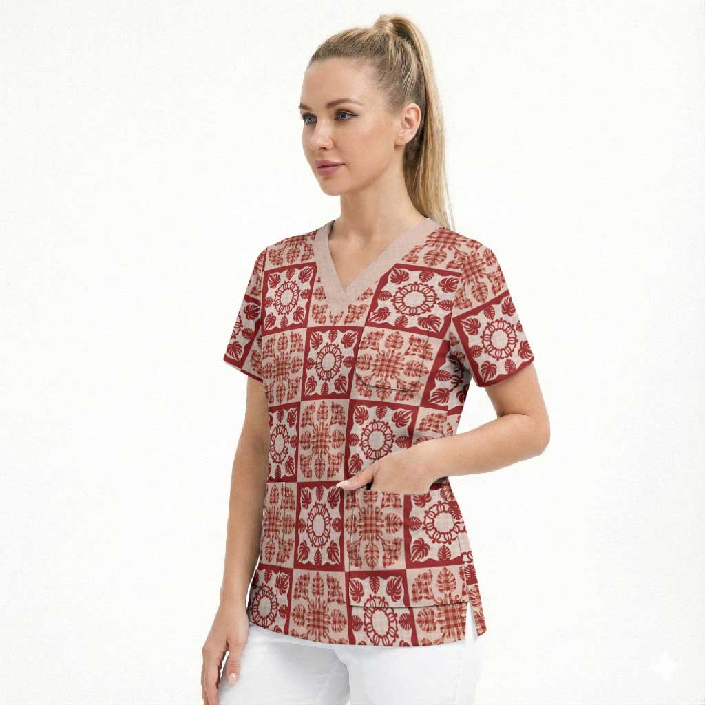 Ulaula Palaka Quilt Hawaii Scrub Top Hawaiian Tropical Monstera Sea Turtle LT14 - Polynesian Pride