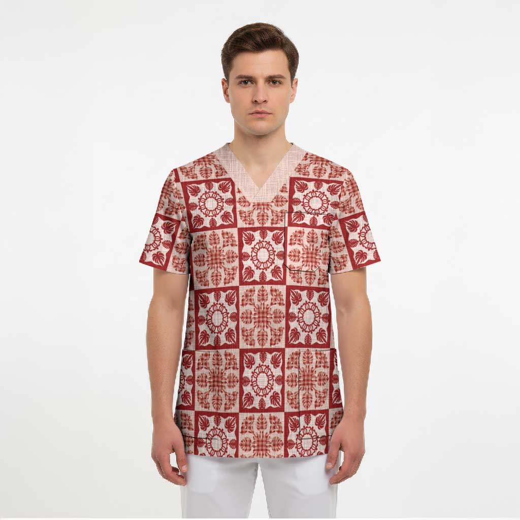 Ulaula Palaka Quilt Hawaii Scrub Top Hawaiian Tropical Monstera Sea Turtle LT14 - Polynesian Pride