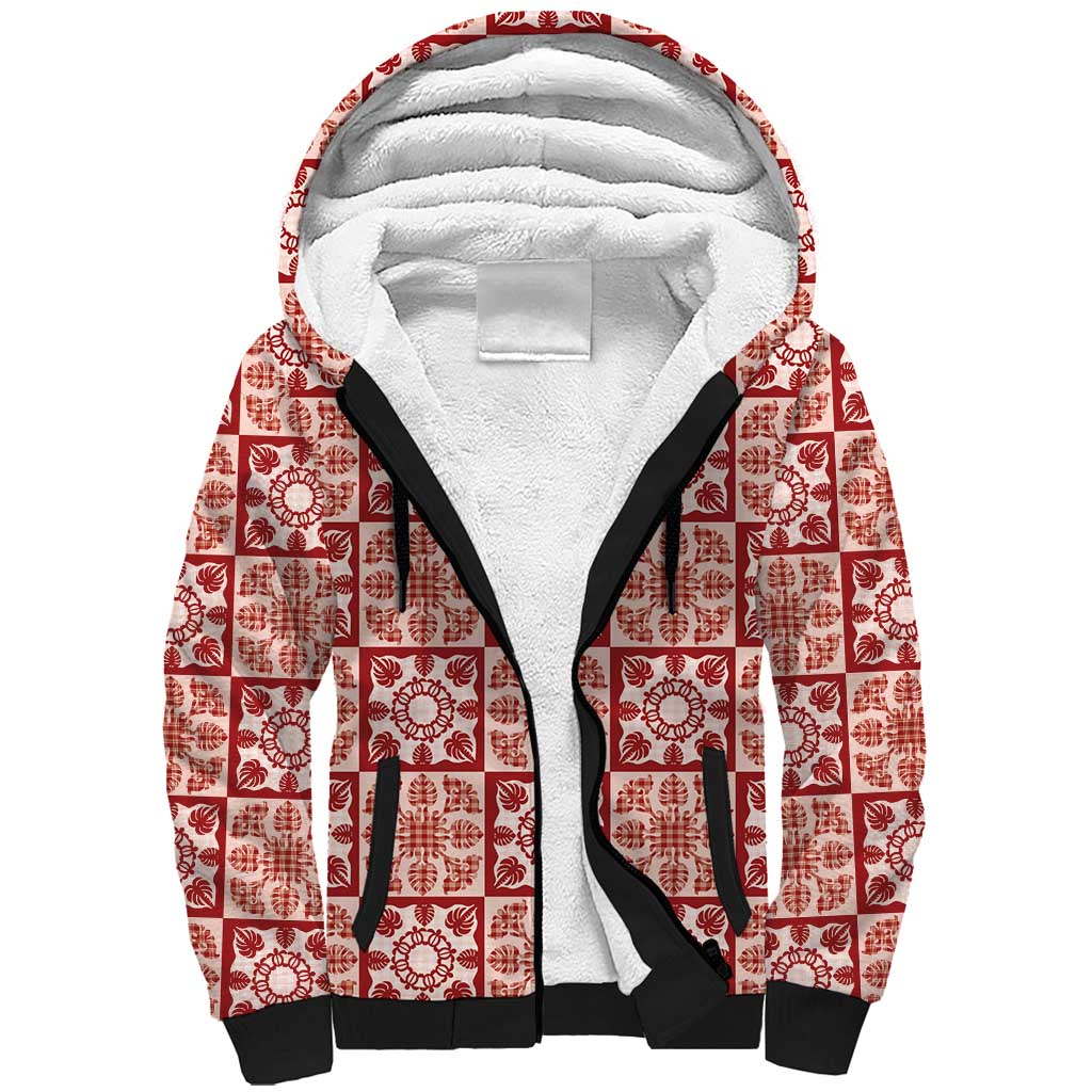 Ulaula Palaka Quilt Hawaii Sherpa Hoodie Hawaiian Tropical Monstera Sea Turtle LT14 Unisex Red - Polynesian Pride