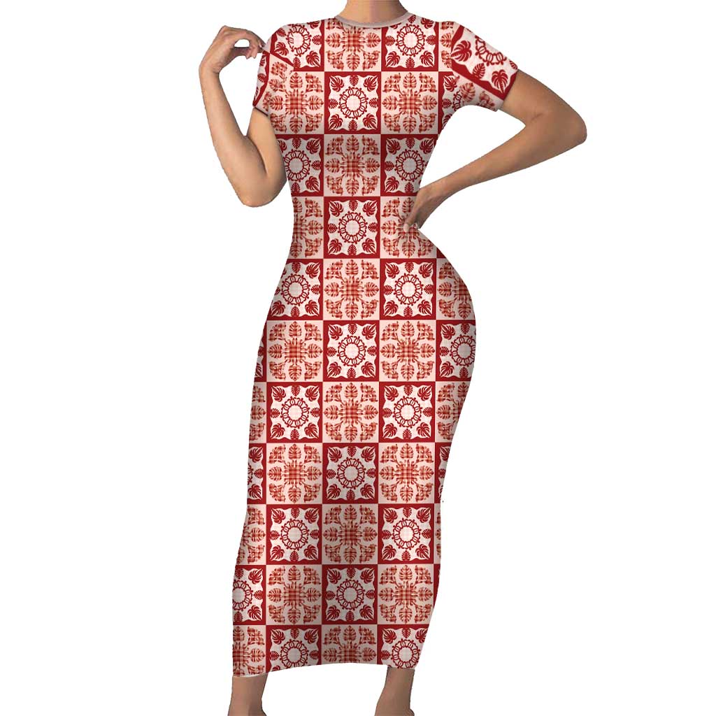 Ulaula Palaka Quilt Hawaii Short Sleeve Bodycon Dress Hawaiian Tropical Monstera Sea Turtle