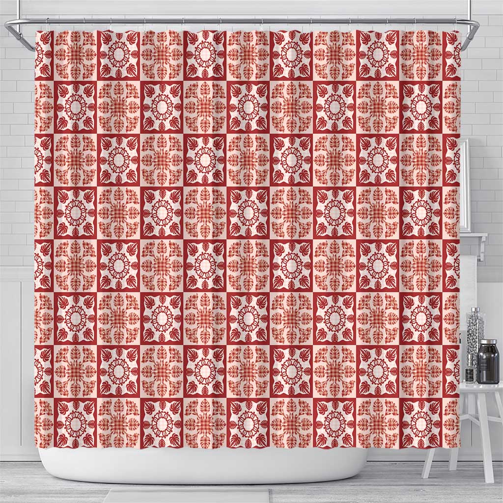 Ulaula Palaka Quilt Hawaii Shower Curtain Hawaiian Tropical Monstera Sea Turtle