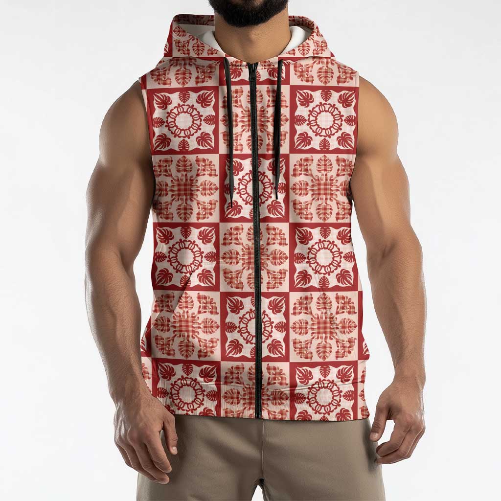 Ulaula Palaka Quilt Hawaii Sleeveless Zip Hoodie Hawaiian Tropical Monstera Sea Turtle