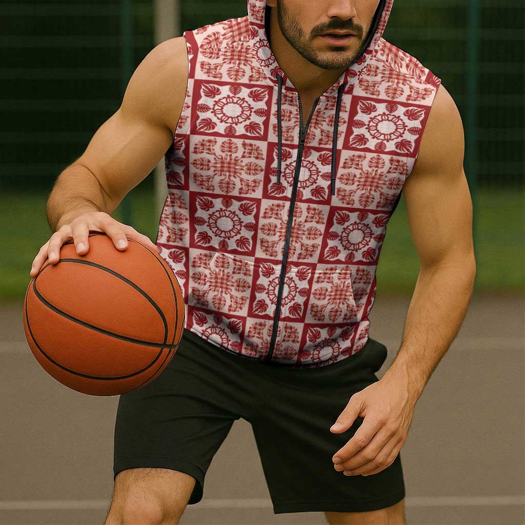 Ulaula Palaka Quilt Hawaii Sleeveless Zip Hoodie Hawaiian Tropical Monstera Sea Turtle