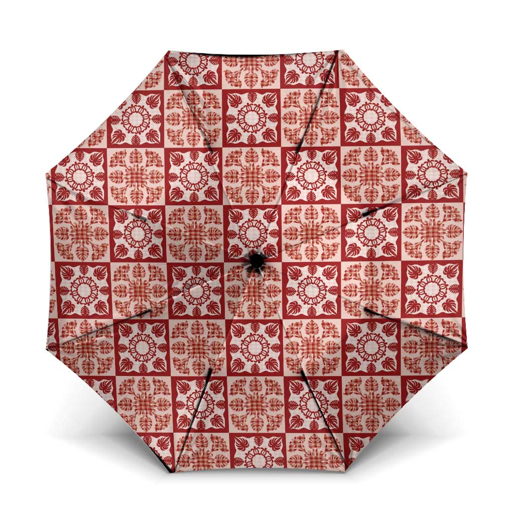 Ulaula Palaka Quilt Hawaii Umbrella Hawaiian Tropical Monstera Sea Turtle LT14 One Size Folded 11.42 inch Opened Diameter 37.4 inch Red - Polynesian Pride