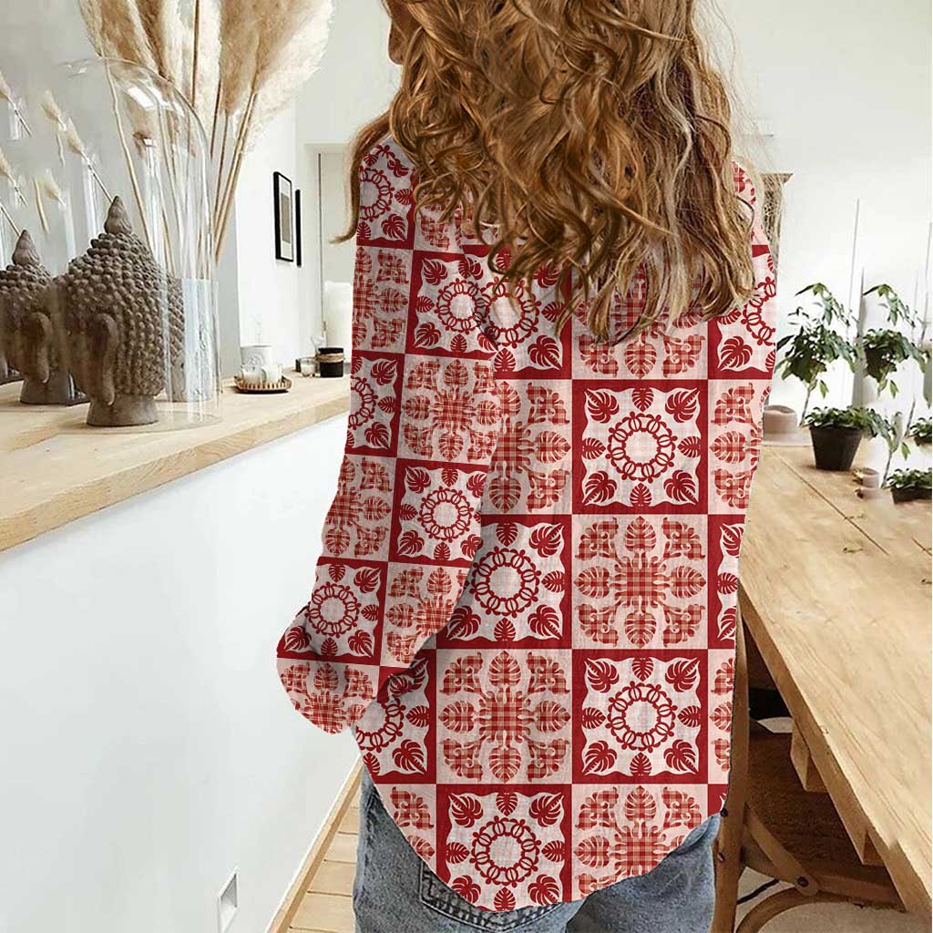 Ulaula Palaka Quilt Hawaii Women Casual Shirt Hawaiian Tropical Monstera Sea Turtle