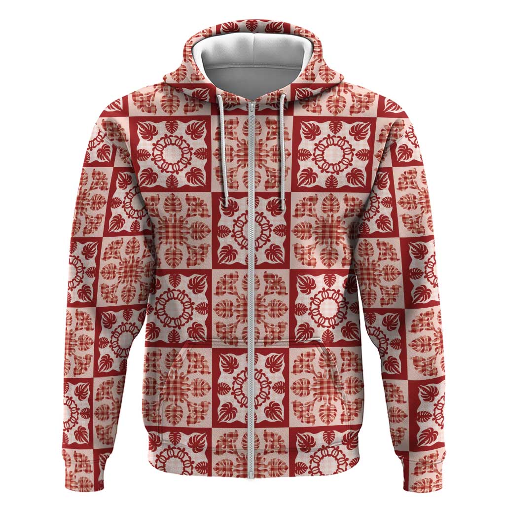 Ulaula Palaka Quilt Hawaii Zip Hoodie Hawaiian Tropical Monstera Sea Turtle