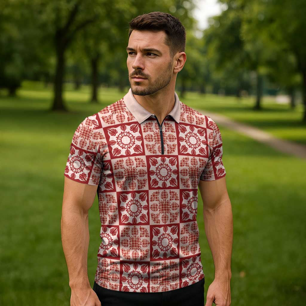Ulaula Palaka Quilt Hawaii Zipper Polo Shirt Hawaiian Tropical Monstera Sea Turtle