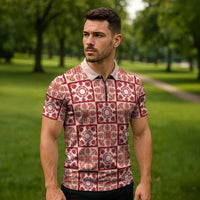 Ulaula Palaka Quilt Hawaii Zipper Polo Shirt Hawaiian Tropical Monstera Sea Turtle