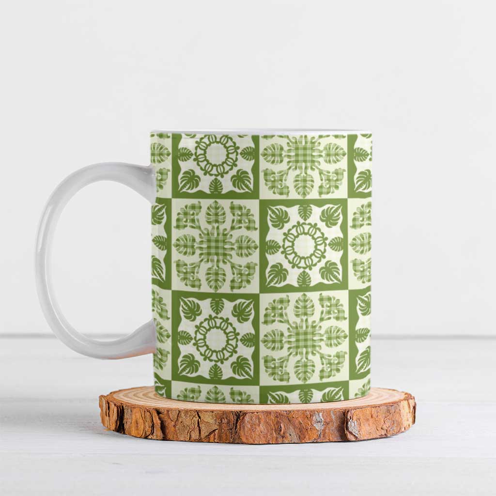 Omaomao Palaka Quilt Hawaii Ceramic Mug Hawaiian Tropical Monstera Sea Turtle LT14 Green - Polynesian Pride