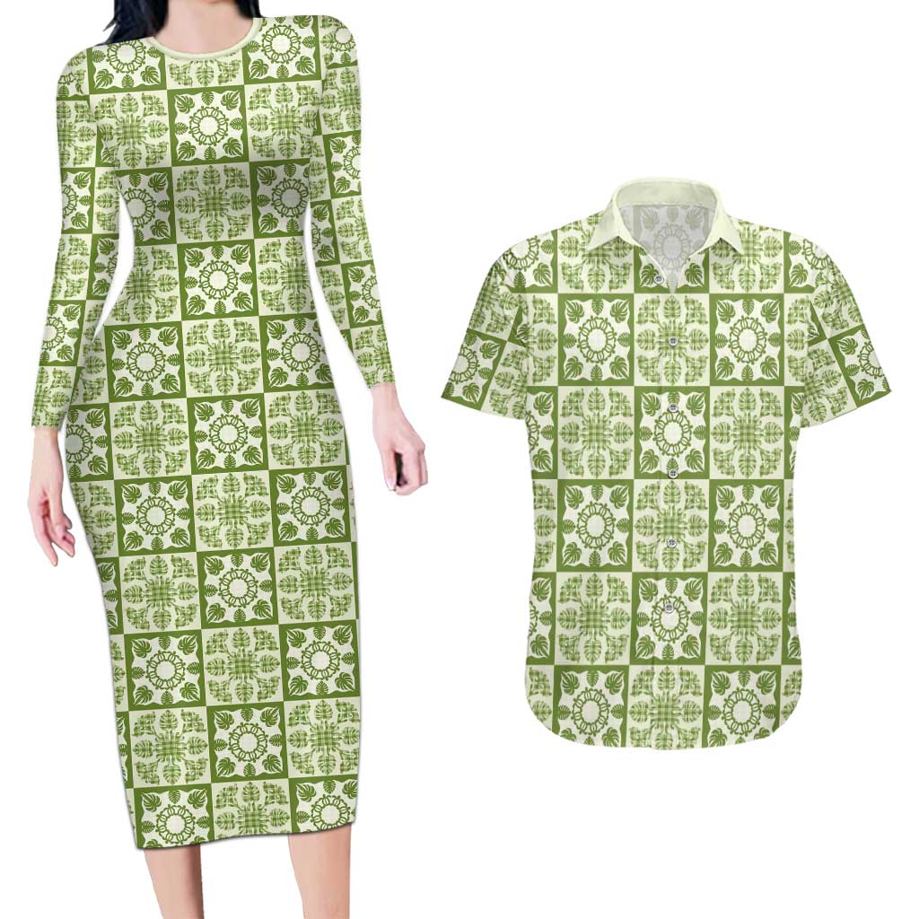 Omaomao Palaka Quilt Hawaii Couples Matching Long Sleeve Bodycon Dress and Hawaiian Shirt Hawaiian Tropical Monstera Sea Turtle