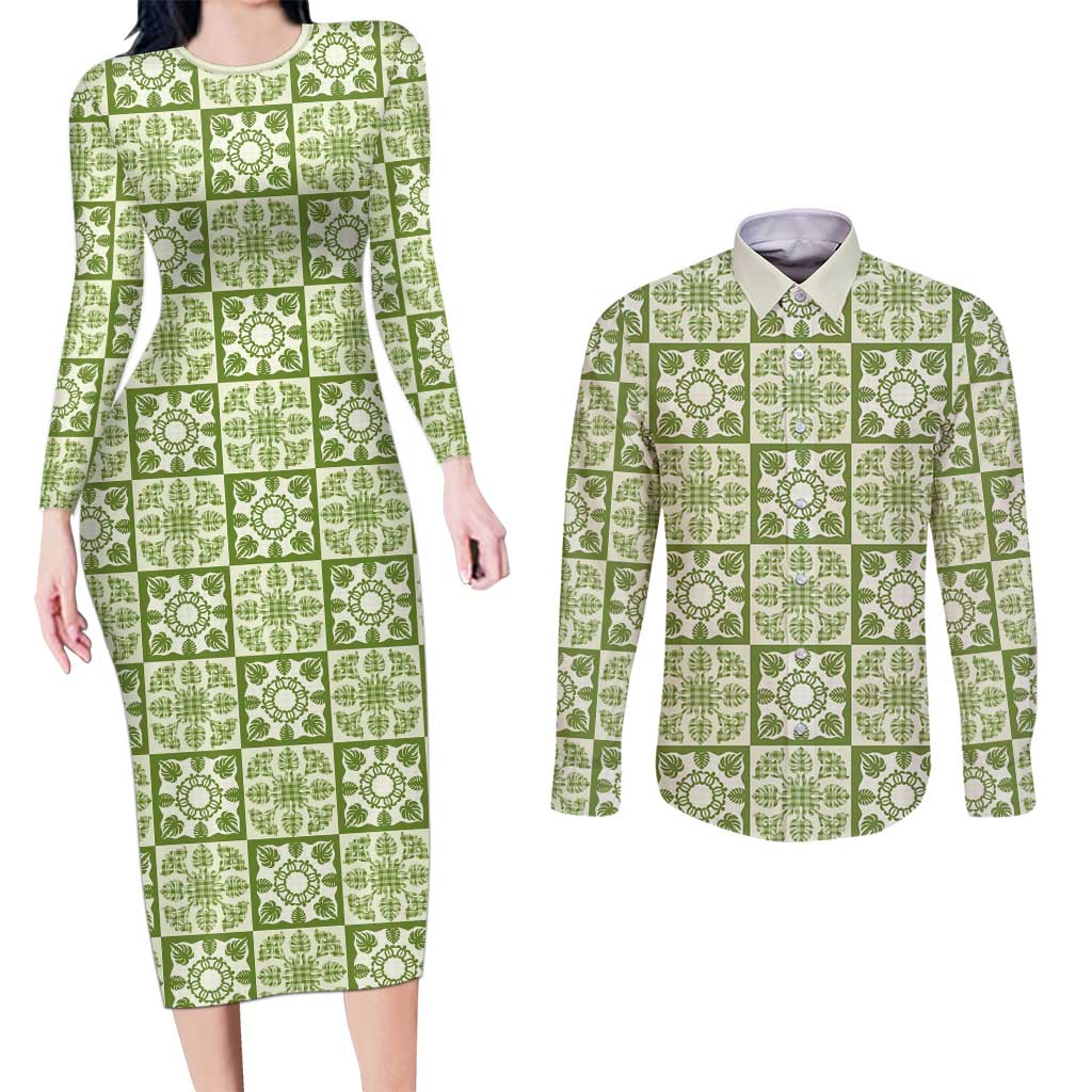 Omaomao Palaka Quilt Hawaii Couples Matching Long Sleeve Bodycon Dress and Long Sleeve Button Shirt Hawaiian Tropical Monstera Sea Turtle