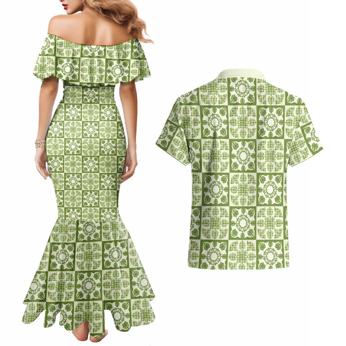 Omaomao Palaka Quilt Hawaii Couples Matching Mermaid Dress and Hawaiian Shirt Hawaiian Tropical Monstera Sea Turtle
