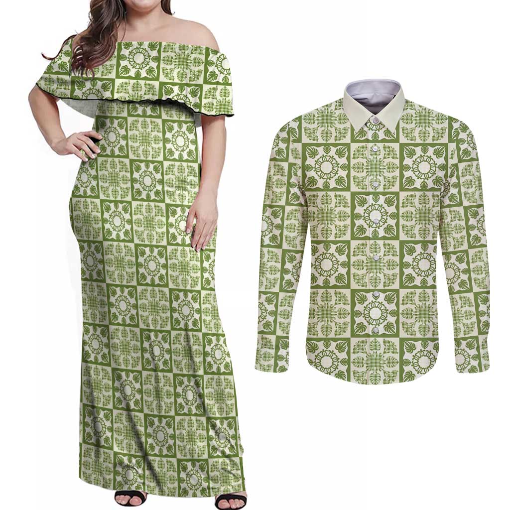 Omaomao Palaka Quilt Hawaii Couples Matching Off Shoulder Maxi Dress and Long Sleeve Button Shirt Hawaiian Tropical Monstera Sea Turtle