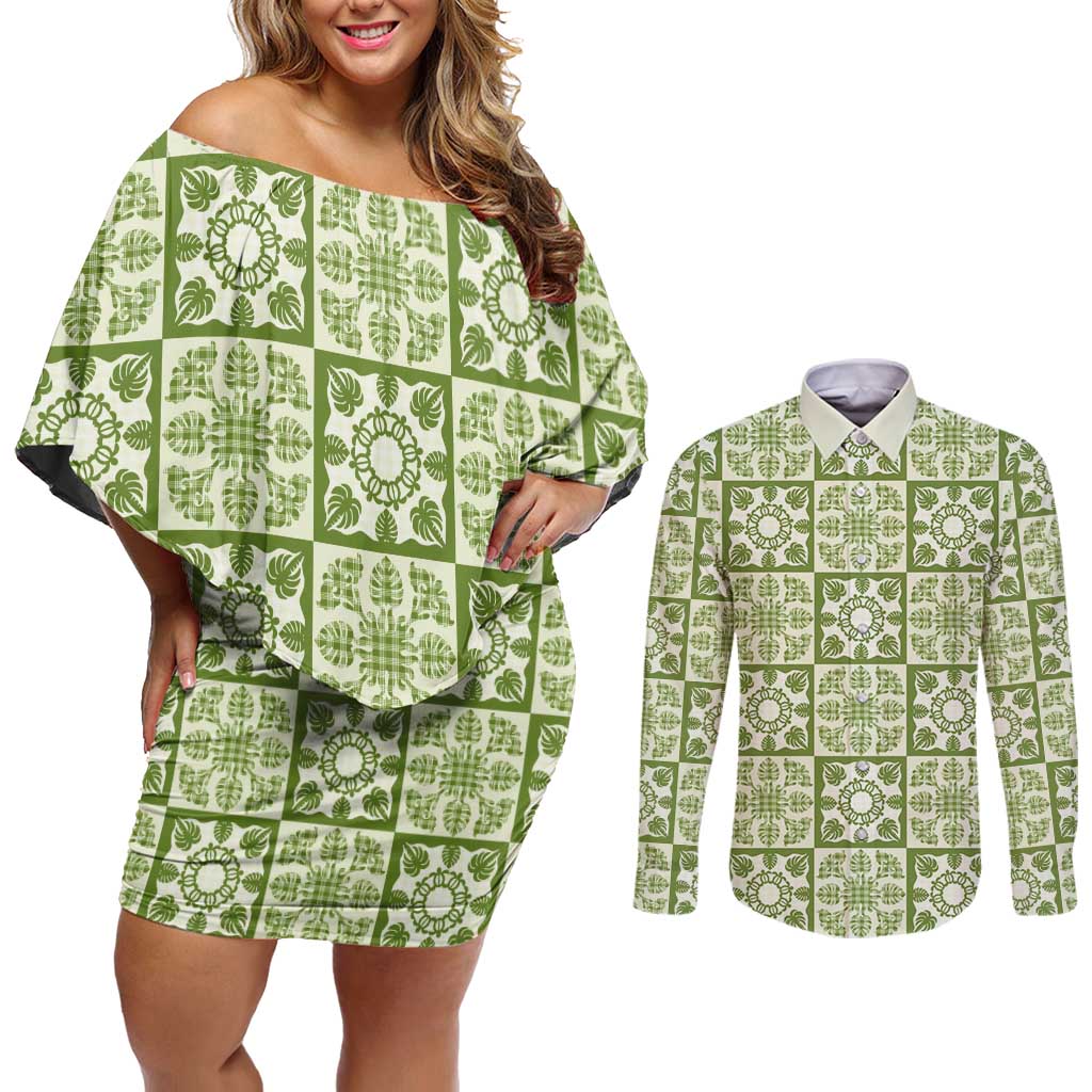 Omaomao Palaka Quilt Hawaii Couples Matching Off Shoulder Short Dress and Long Sleeve Button Shirt Hawaiian Tropical Monstera Sea Turtle