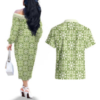 Omaomao Palaka Quilt Hawaii Couples Matching Off The Shoulder Long Sleeve Dress and Hawaiian Shirt Hawaiian Tropical Monstera Sea Turtle