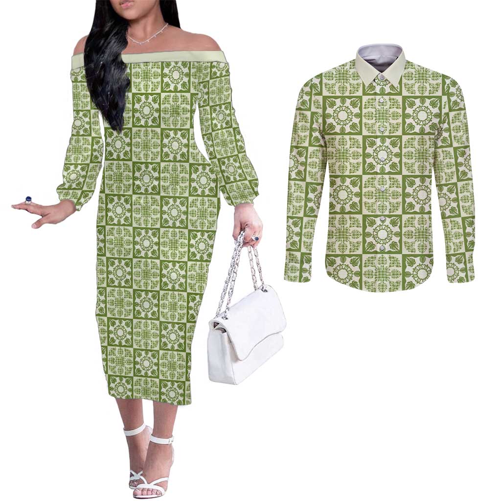 Omaomao Palaka Quilt Hawaii Couples Matching Off The Shoulder Long Sleeve Dress and Long Sleeve Button Shirt Hawaiian Tropical Monstera Sea Turtle