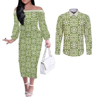Omaomao Palaka Quilt Hawaii Couples Matching Off The Shoulder Long Sleeve Dress and Long Sleeve Button Shirt Hawaiian Tropical Monstera Sea Turtle