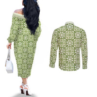 Omaomao Palaka Quilt Hawaii Couples Matching Off The Shoulder Long Sleeve Dress and Long Sleeve Button Shirt Hawaiian Tropical Monstera Sea Turtle