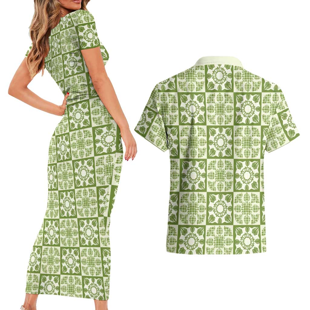 Omaomao Palaka Quilt Hawaii Couples Matching Short Sleeve Bodycon Dress and Hawaiian Shirt Hawaiian Tropical Monstera Sea Turtle