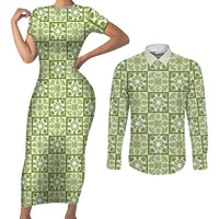 Omaomao Palaka Quilt Hawaii Couples Matching Short Sleeve Bodycon Dress and Long Sleeve Button Shirt Hawaiian Tropical Monstera Sea Turtle