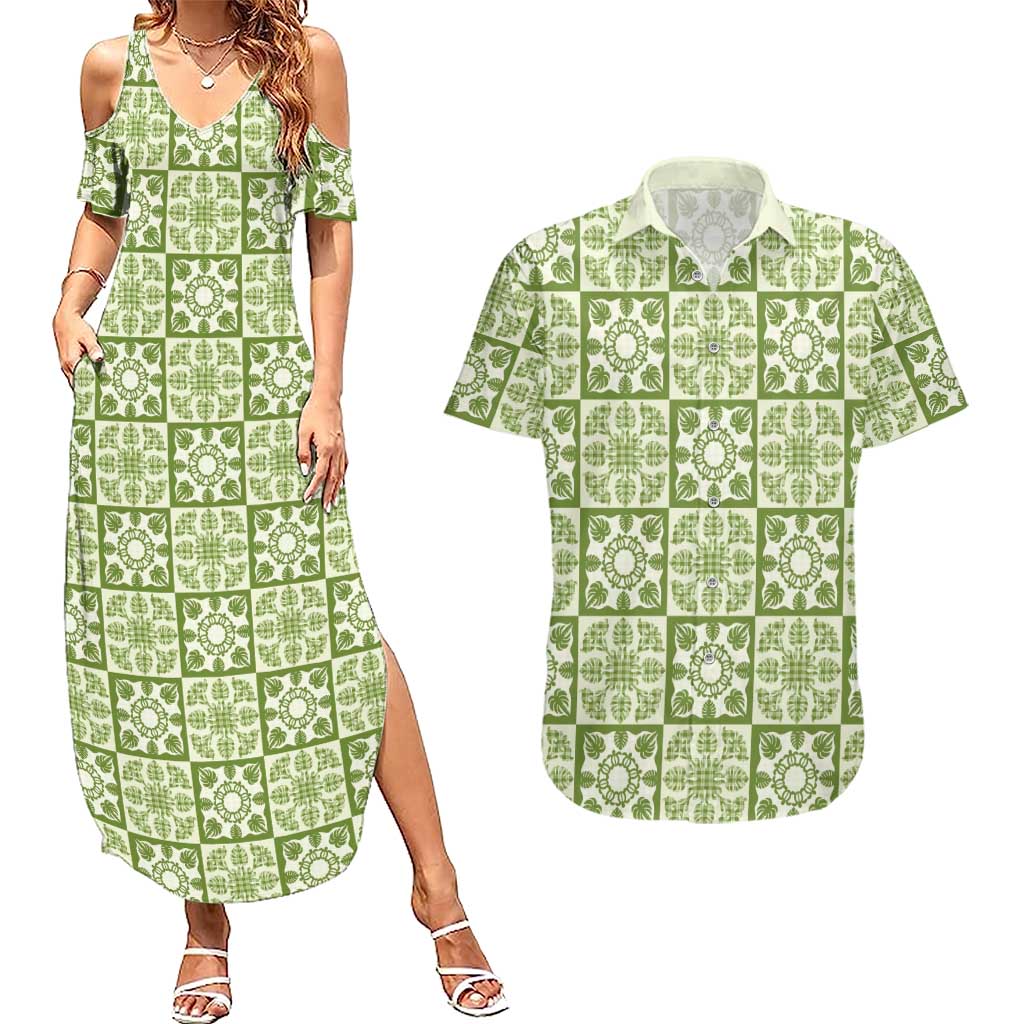 Omaomao Palaka Quilt Hawaii Couples Matching Summer Maxi Dress and Hawaiian Shirt Hawaiian Tropical Monstera Sea Turtle