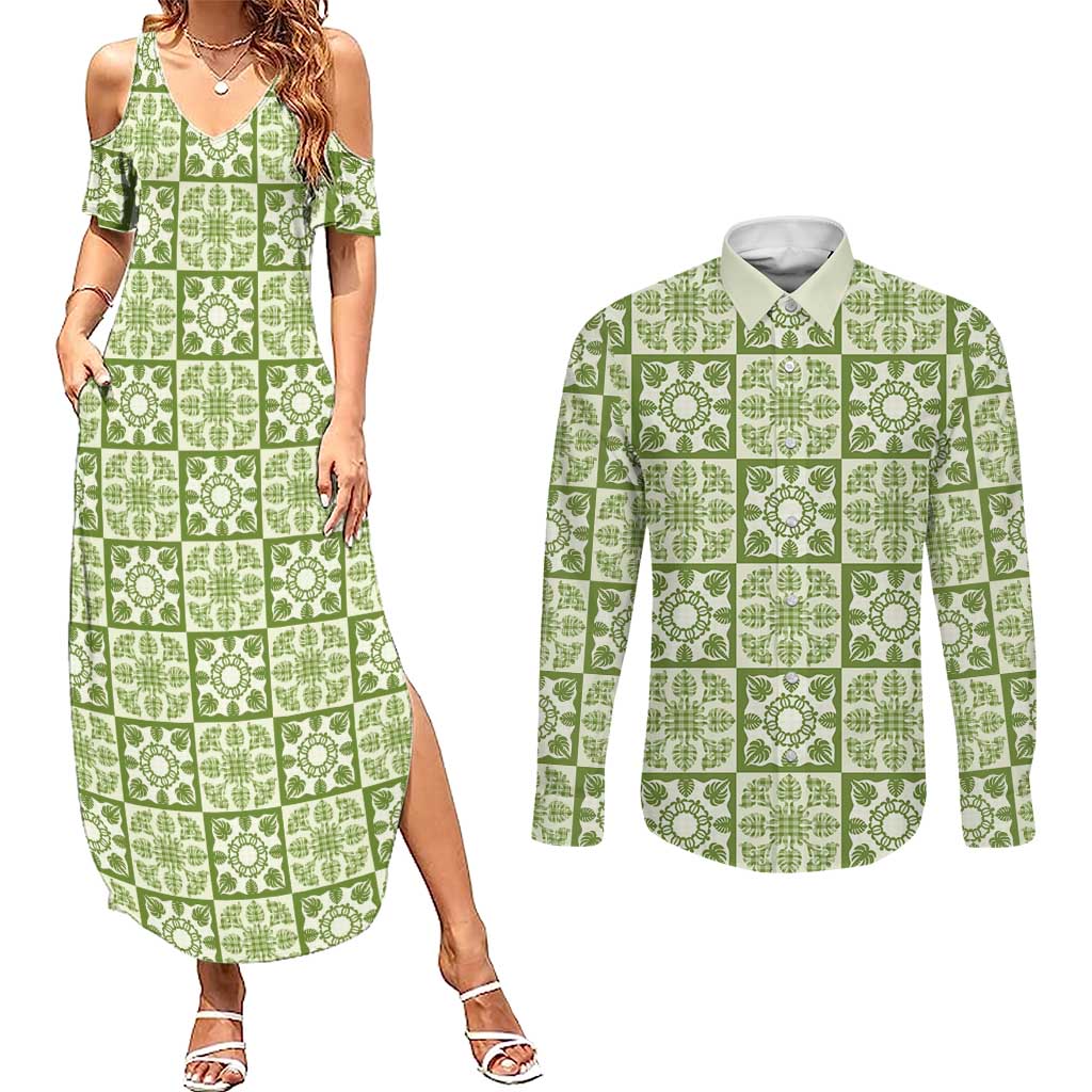 Omaomao Palaka Quilt Hawaii Couples Matching Summer Maxi Dress and Long Sleeve Button Shirt Hawaiian Tropical Monstera Sea Turtle