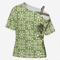 Omaomao Palaka Quilt Hawaii Cross Shoulder Shirt Hawaiian Tropical Monstera Sea Turtle LT14 Female Green - Polynesian Pride