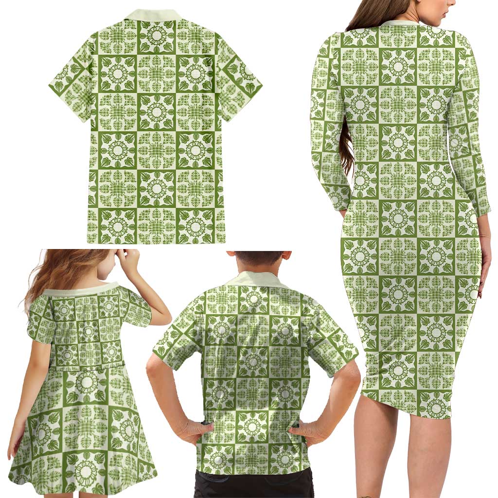 Omaomao Palaka Quilt Hawaii Family Matching Long Sleeve Bodycon Dress and Hawaiian Shirt Hawaiian Tropical Monstera Sea Turtle