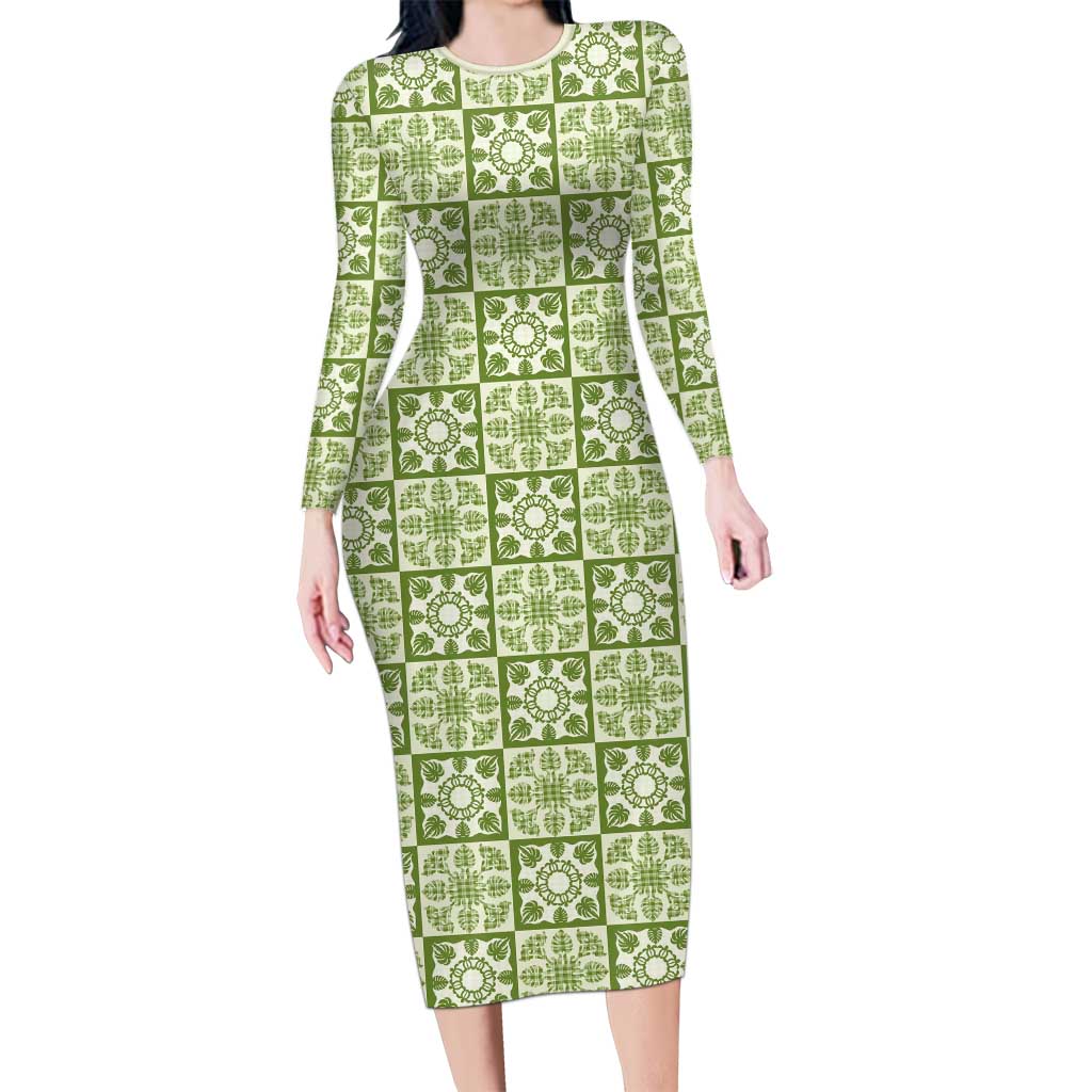 Omaomao Palaka Quilt Hawaii Family Matching Long Sleeve Bodycon Dress and Hawaiian Shirt Hawaiian Tropical Monstera Sea Turtle