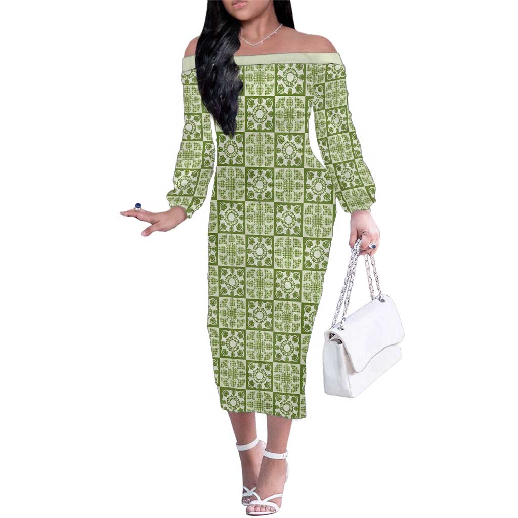 Omaomao Palaka Quilt Hawaii Family Matching Off The Shoulder Long Sleeve Dress and Hawaiian Shirt Hawaiian Tropical Monstera Sea Turtle
