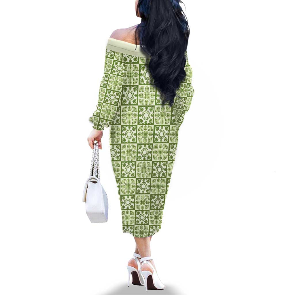 Omaomao Palaka Quilt Hawaii Family Matching Off The Shoulder Long Sleeve Dress and Hawaiian Shirt Hawaiian Tropical Monstera Sea Turtle