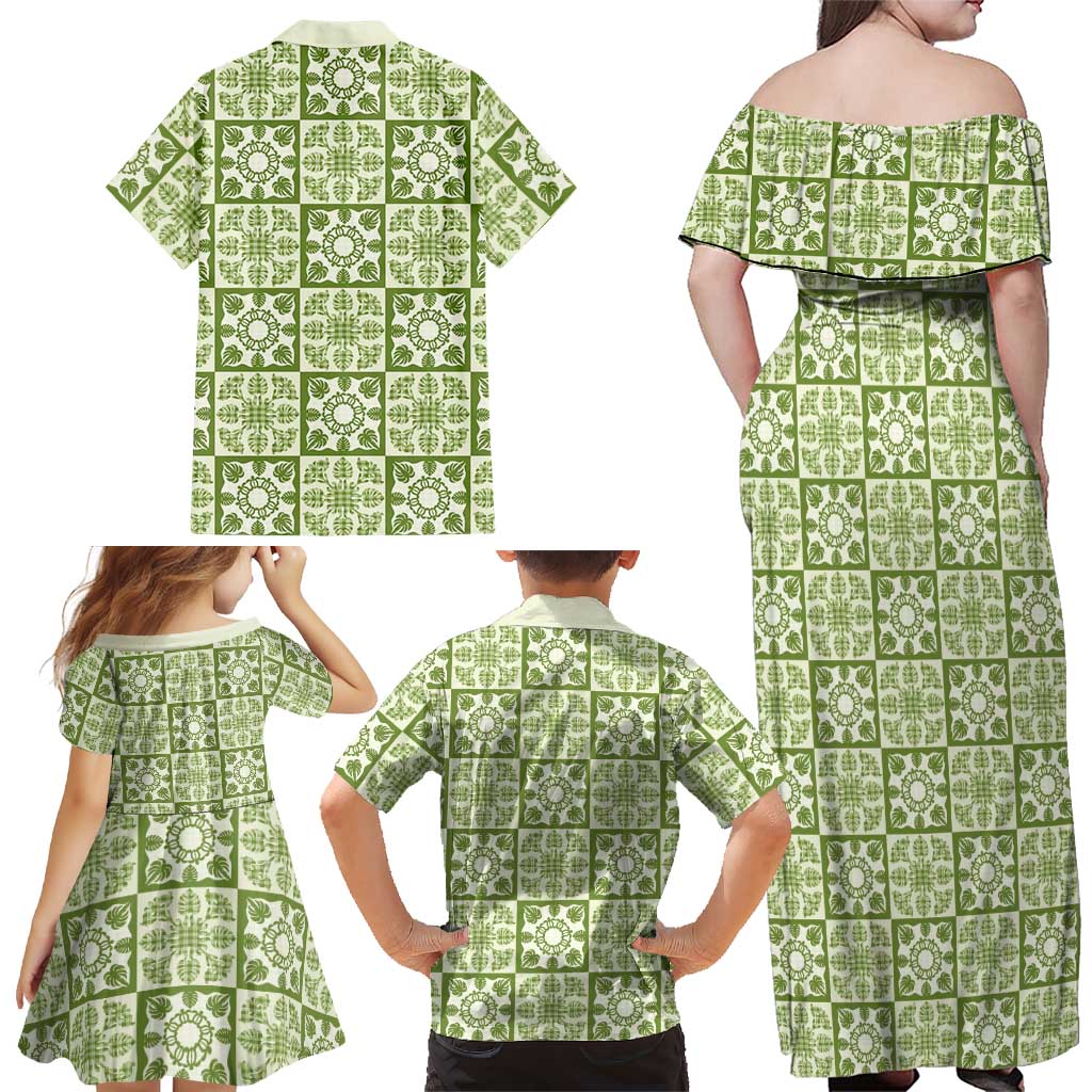 Omaomao Palaka Quilt Hawaii Family Matching Off Shoulder Maxi Dress and Hawaiian Shirt Hawaiian Tropical Monstera Sea Turtle