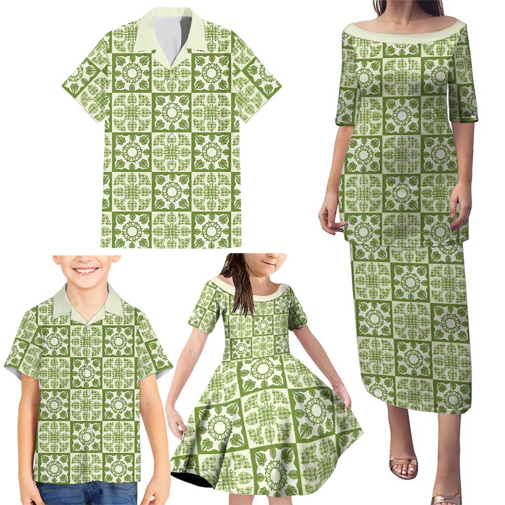 Omaomao Palaka Quilt Hawaii Family Matching Puletasi and Hawaiian Shirt Hawaiian Tropical Monstera Sea Turtle