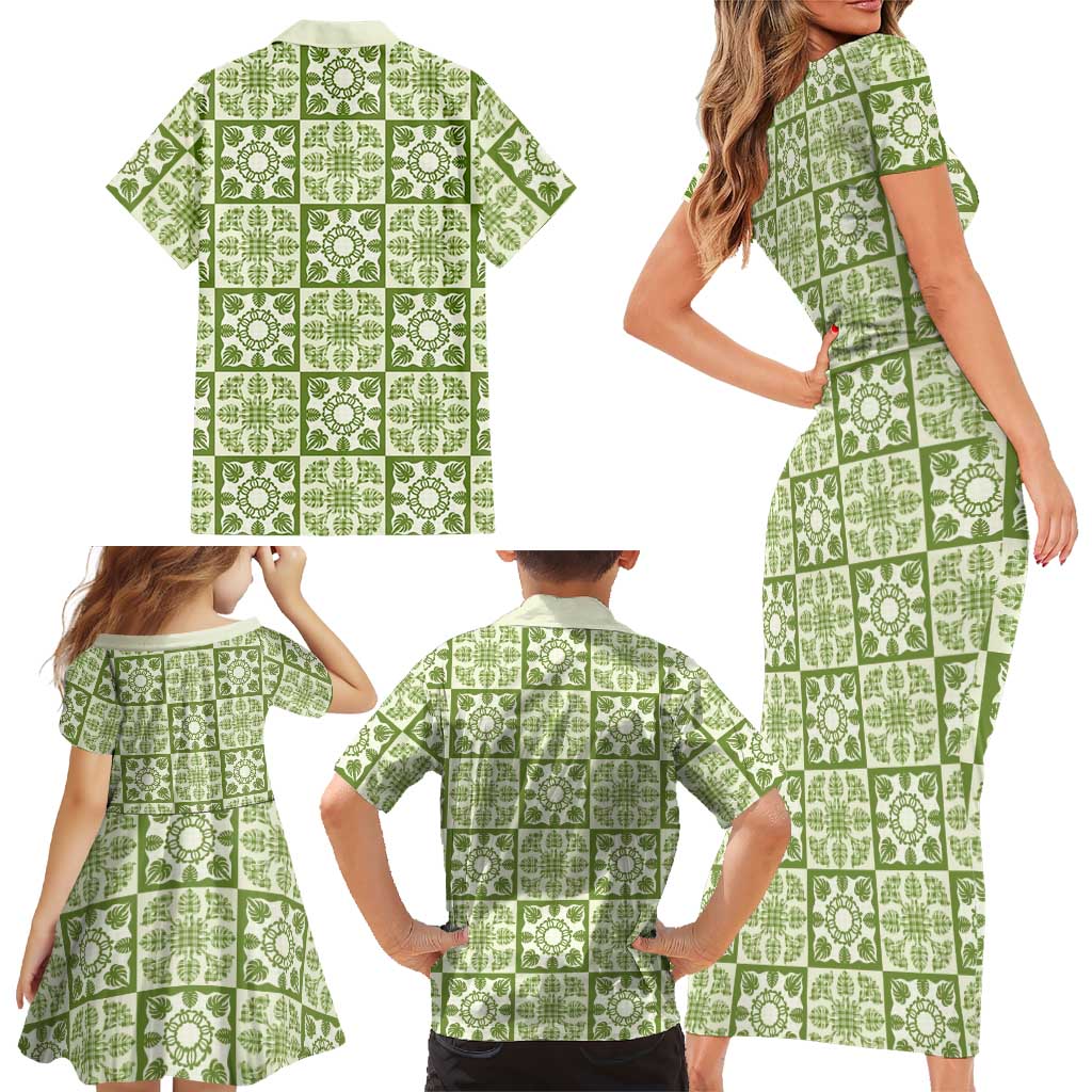 Omaomao Palaka Quilt Hawaii Family Matching Short Sleeve Bodycon Dress and Hawaiian Shirt Hawaiian Tropical Monstera Sea Turtle