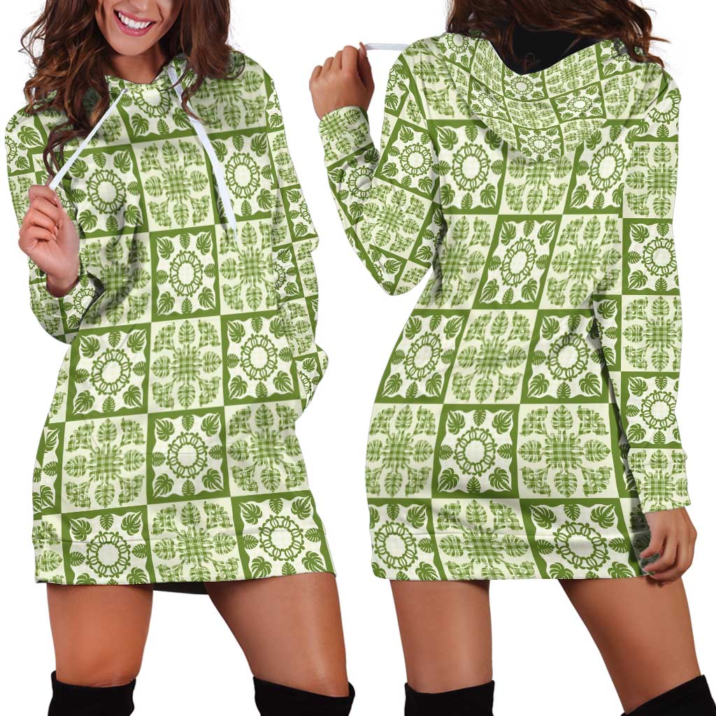 Omaomao Palaka Quilt Hawaii Hoodie Dress Hawaiian Tropical Monstera Sea Turtle