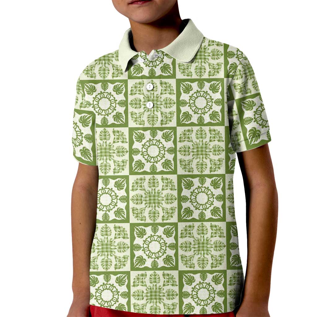 Omaomao Palaka Quilt Hawaii Kid Polo Shirt Hawaiian Tropical Monstera Sea Turtle LT14 Kid Green - Polynesian Pride
