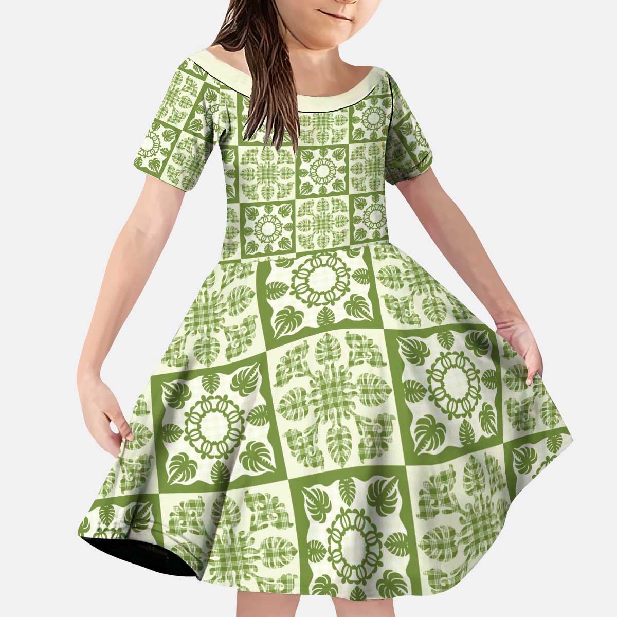 Omaomao Palaka Quilt Hawaii Kid Short Sleeve Dress Hawaiian Tropical Monstera Sea Turtle