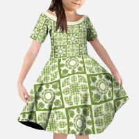 Omaomao Palaka Quilt Hawaii Kid Short Sleeve Dress Hawaiian Tropical Monstera Sea Turtle