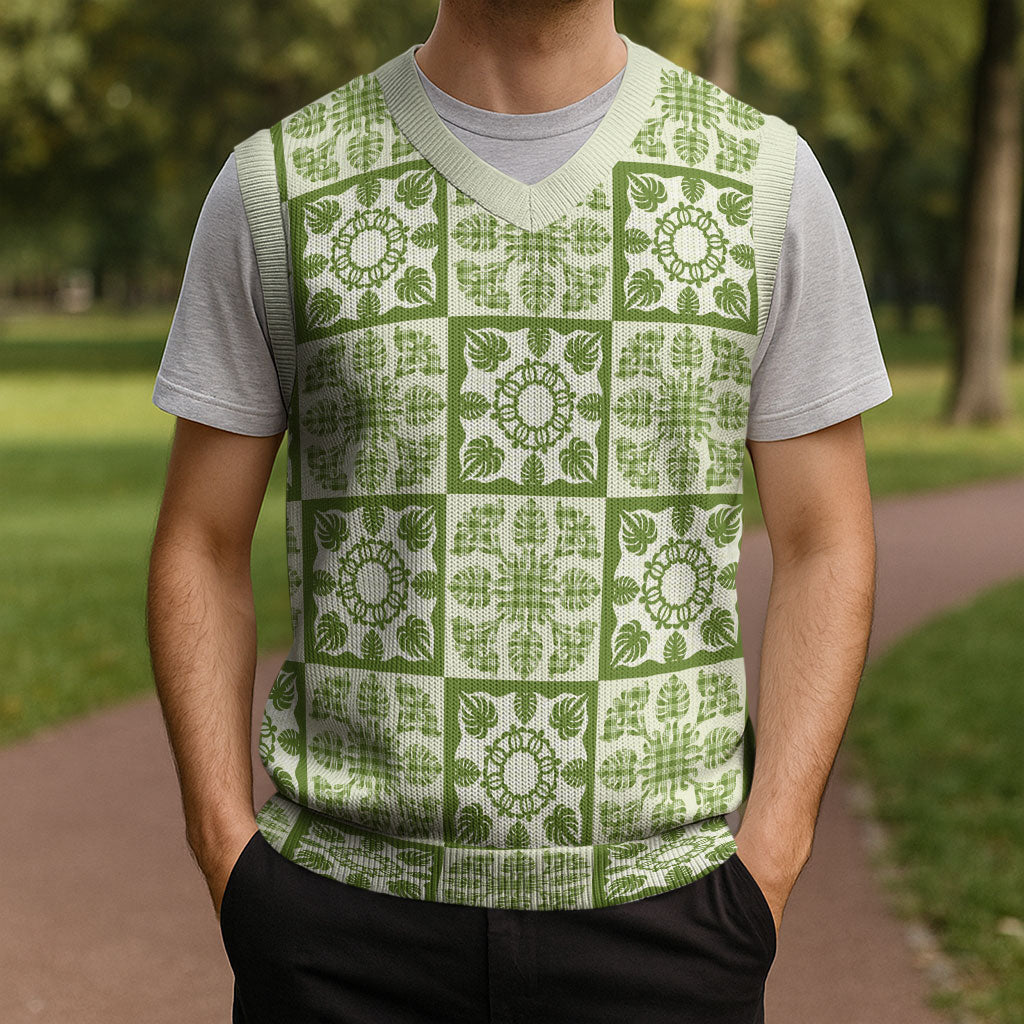 Omaomao Palaka Quilt Hawaii Christmas Knitted V-Neck Vest Hawaiian Tropical Monstera Sea Turtle LT14 - Polynesian Pride