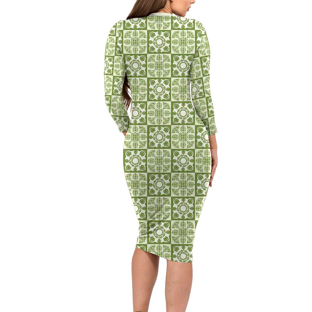Omaomao Palaka Quilt Hawaii Long Sleeve Bodycon Dress Hawaiian Tropical Monstera Sea Turtle